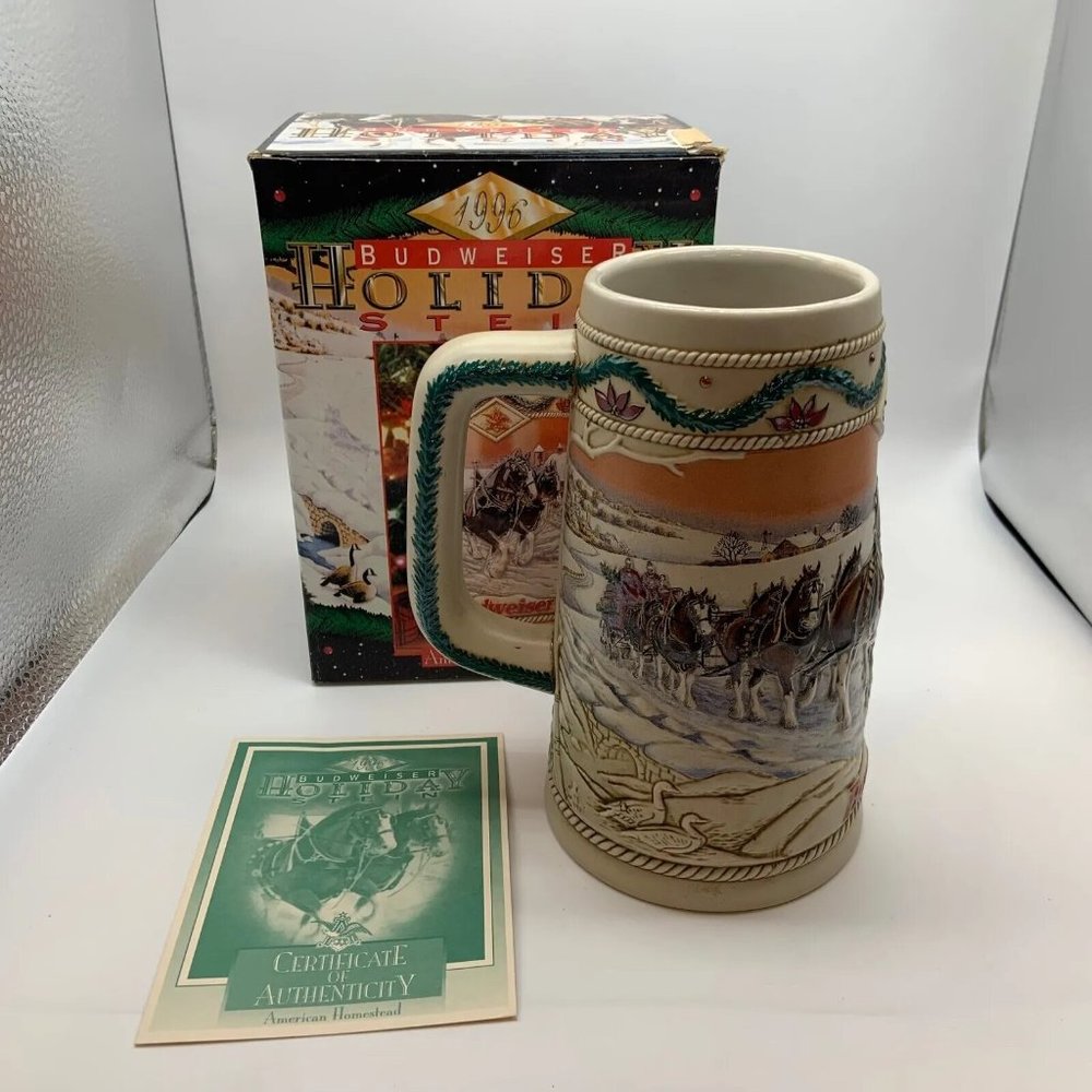 Vintage 1996 Budweiser Holiday Stein American Homestead With Original Box
